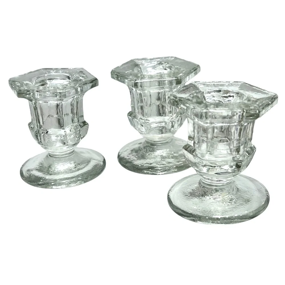 MOULDED/PRESSED CLEAR GLASS CANDLESTICKS - SET OF 3